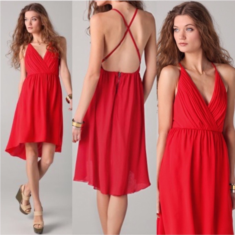 Alice + Olivia Rachel Dress Red Silk Pleated V-Neck Open Back Valentine’s - M